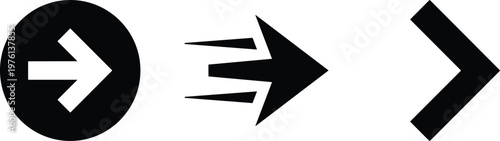 A sequence of varied simple graphic arrow symbols pointing right illustrating clear step by step progression and forward movement