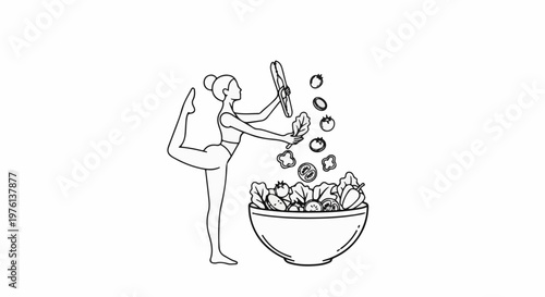 Person in yoga pose adding ingredients to salad bowl