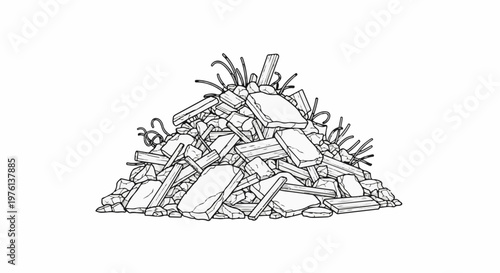 Pile of rubble with exposed rebar and splintered wood