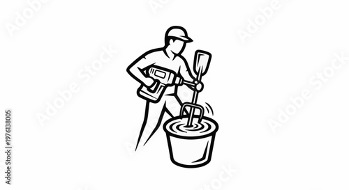 Person mixing material in bucket with drill