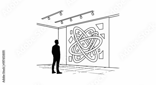 Person observes intricate abstract artwork in a gallery