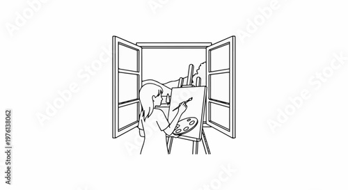 Person painting a landscape through an open window