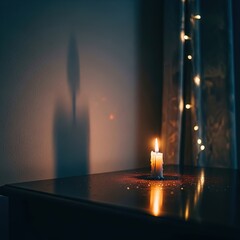 lit candle on table with fairy lights in background