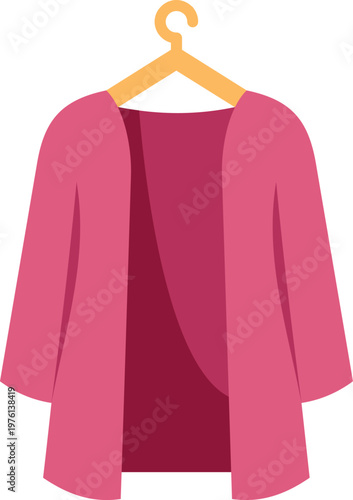 Pink cardigan hanging on a wooden clothes hanger, representing fashion apparel