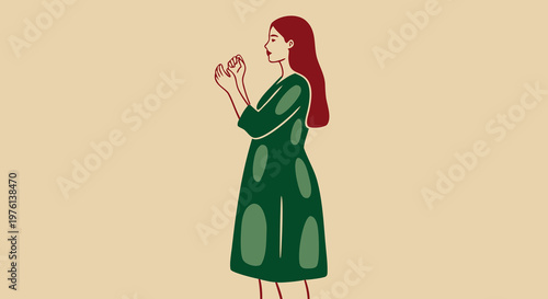 Minimalist illustration of a woman engaged in deep spiritual reflection, hands clasped in prayer or peaceful meditation, embodying devotion and inner calm