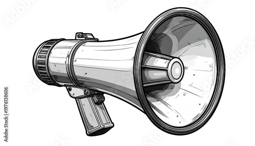 Monochrome illustration of a classic megaphone, rendered with shades of gray and black, isolated on a black background