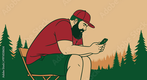 Bearded Man in Red Cap Using Mobile Phone While Sitting on Chair Outdoors Near Trees