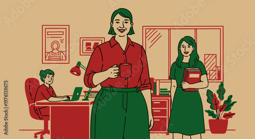 Empowered professional women collaborating and succeeding in a contemporary office setting, rendered in a vibrant flat design illustration