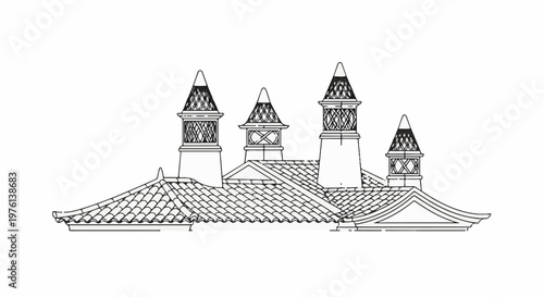 Ornate tiled roofline with decorative cupolas and patterned windows