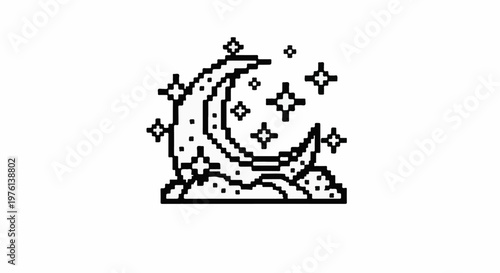 Pixel art crescent moon and stars nestled in clouds