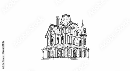 Ornate Victorian house with turret and porch, sketched in black and white