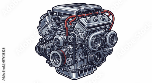 Pixel art depiction of a complex, high-performance V-engine with twin turbos
