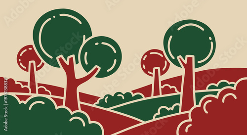 Graphic illustration of a serene countryside landscape, featuring stylized trees and rolling hills in a clean vector art style, tranquil and visually calming