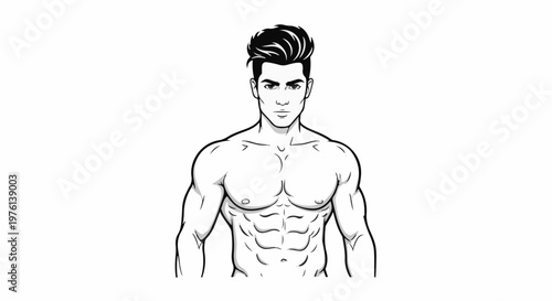 Muscular man with styled hair and defined abs, drawn in black and white