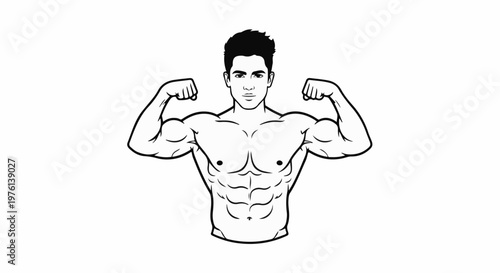 Muscular man flexing biceps, showing defined abs and chest