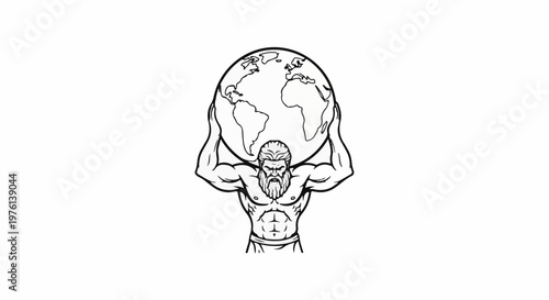 Muscular figure with beard holds planet Earth above head