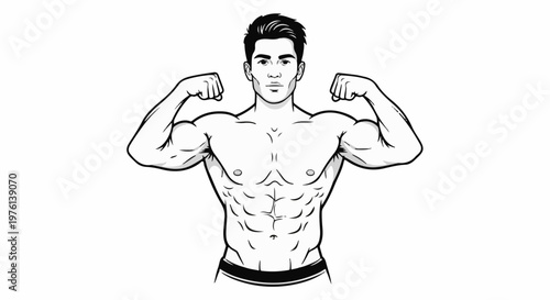 Muscular man flexing arms with defined abs, black and white illustration