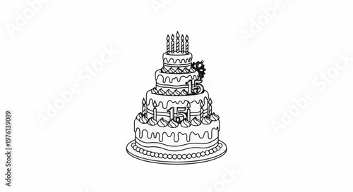 Multi-tiered cake with frosting, candles, and '15' decorations