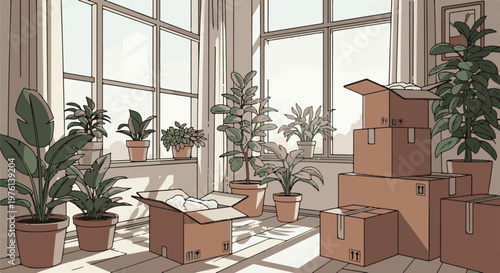 Moving day in a sunlit room with potted plants and boxes