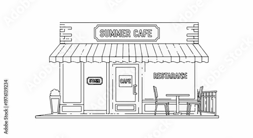 Outline of a charming cafe storefront with a striped awning and outdoor seating
