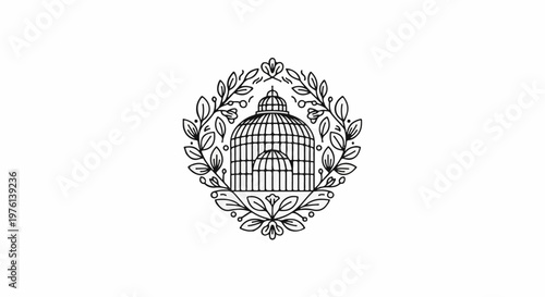 Ornate botanical circular frame surrounding a detailed vintage glasshouse