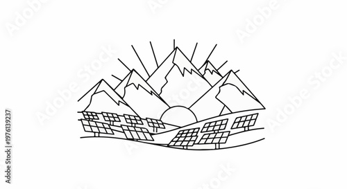 Mountain sunrise with solar panels on undulating terrain