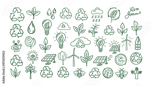 Eco-Friendly Icons: A visually striking collection of hand-drawn eco-friendly icons, artfully arranged to symbolize sustainability and environmental consciousness. 