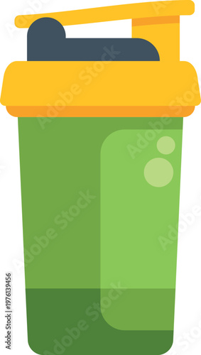 Green shaker bottle with yellow top for mixing supplements, a gym and health icon