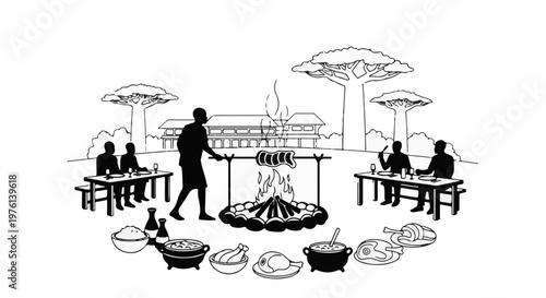 Outdoor meal preparation and dining with a large bonfire and scenic trees