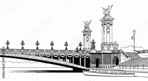 Ornate bridge with sculptures spans a river, a boat glides by