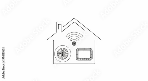 Outline of a house with smart home technology icons Wi-Fi, thermostat, and screen