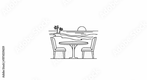 Outdoor table and chairs on a beach with palm trees and sunset