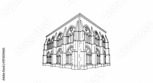 Ornate Gothic structure with pointed arches and spires, monochrome line drawing