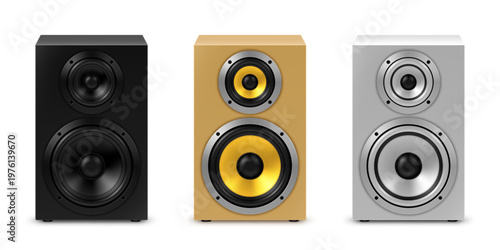 Vector icons of realistic audio speakers related to music and entertainment industry, sound equipment. Realistic illustration isolated on white background