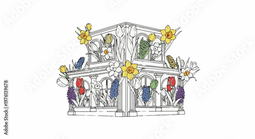 Ornate building facade adorned with colorful spring flowers and foliage