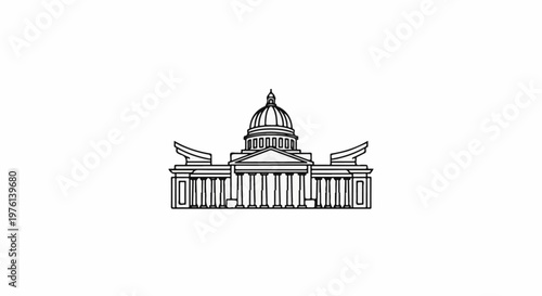 Outline of a large, grand building with a central dome and columns