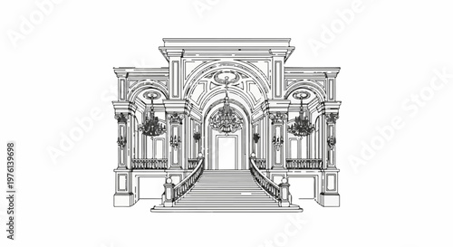 Ornate grand entrance with a sweeping staircase and elaborate chandeliers