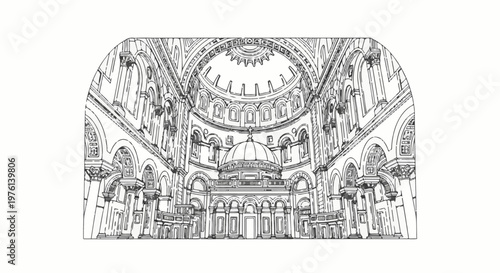 Ornate interior of a grand domed building with arched windows and columns