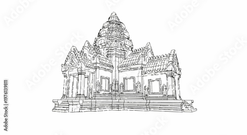 Ornate, multi-tiered stone temple with intricate carvings and stepped platforms