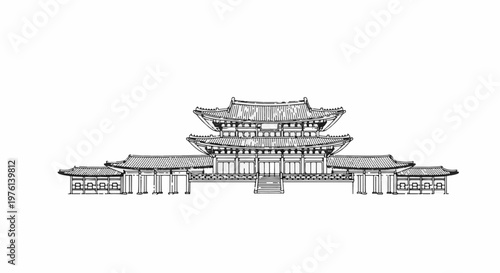 Ornate multi-tiered traditional building with sweeping rooflines, sketch