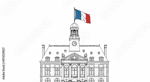 Ornate building with a French flag atop a clock tower