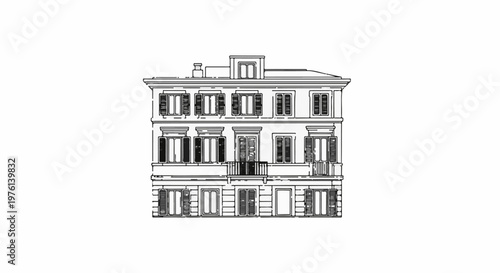 Outline drawing of a classic, multi-story building with many windows and balconies