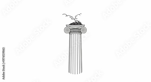 Ornate ionic column with sprouting branches and stone fragments on top