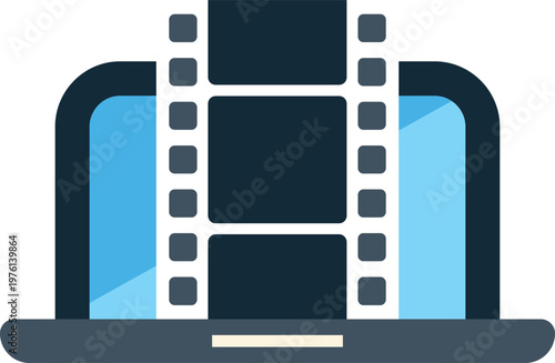 Laptop displaying a vertical film strip, symbolizing online video and cinema