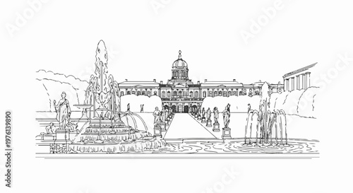 Ornate neoclassical building with grand fountains and sculptures in formal garden