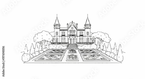 Ornate manor with manicured garden and decorative trees