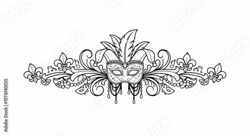 Ornate Mardi Gras mask with feathers, fleur-de-lis, musical notes, and beads