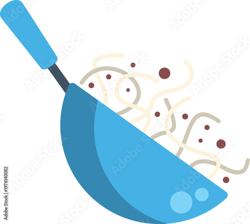 Wok tossing noodles with sauce, representing cooking and stir fry