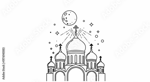 Ornate church domes topped with crosses under a speckled moon with rays