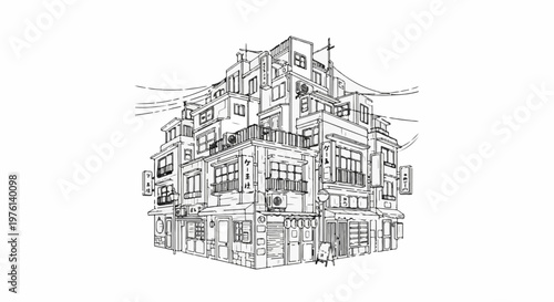 Ornate multi-story building facade in a detailed line drawing style